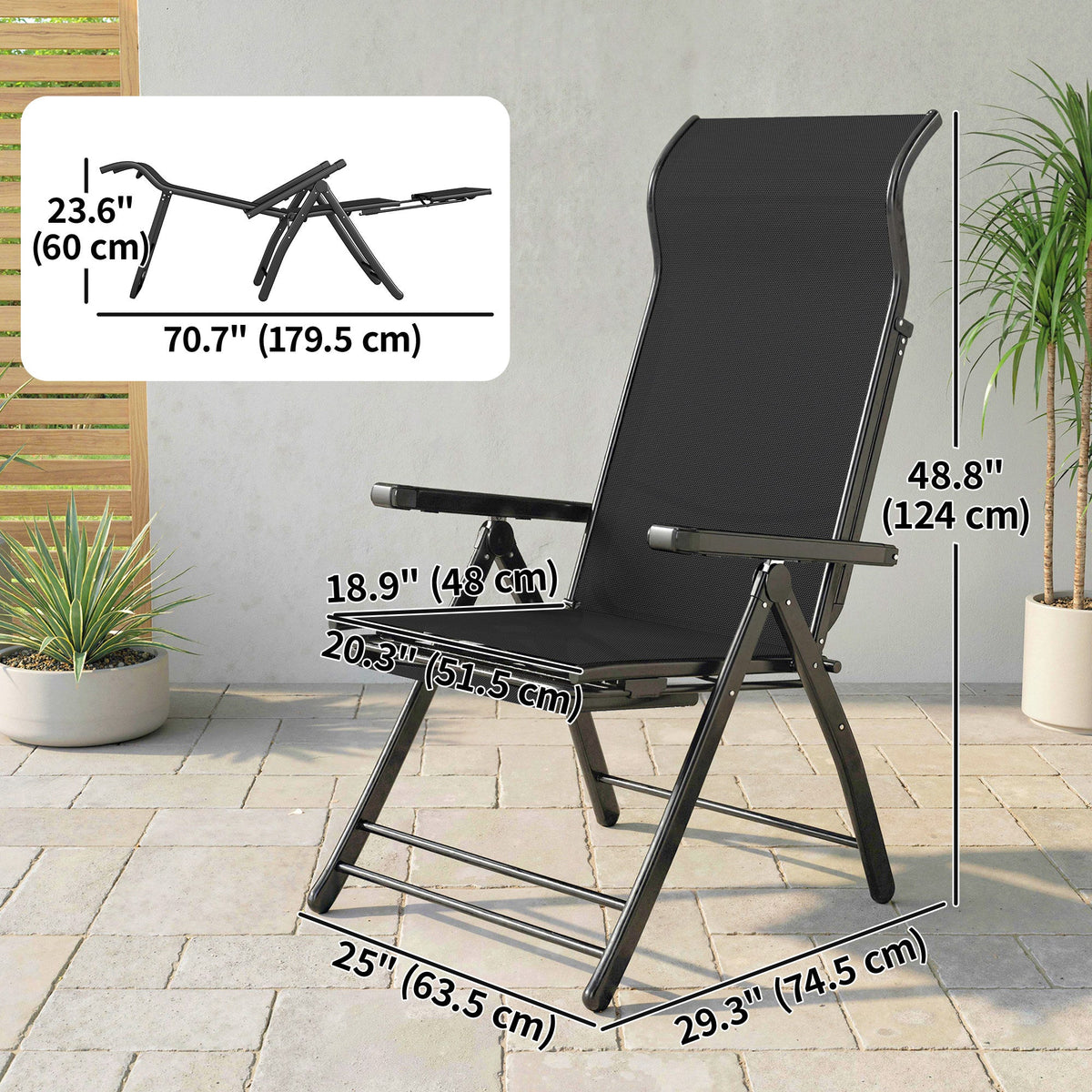Folding Patio Chairs Set of 2, 5-Position Outdoor Lounge Chairs with High Back, Retractable Footrest, Black