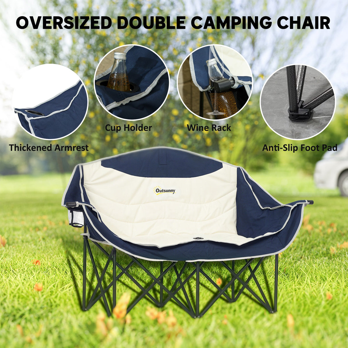 Portable Camp Chair, Double Camping Chair with Cup Holders and Carry Bag, Support 551 lbs, Dark Green