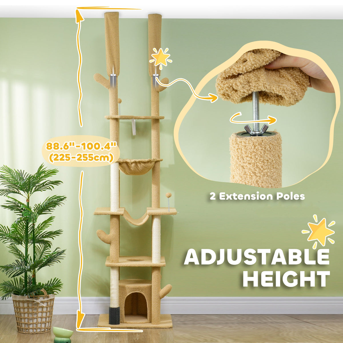 89"-100" Floor to Ceiling Cat Tree Cat Tower for Large Cats w/ Scratching Posts, Grooming Brush Post, Cat Condo, Brown