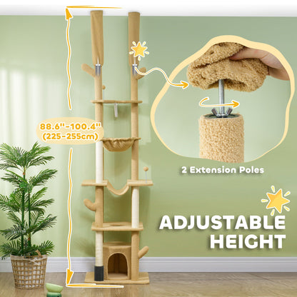 89"-100" Floor to Ceiling Cat Tree Cat Tower for Large Cats w/ Scratching Posts, Grooming Brush Post, Cat Condo, Brown