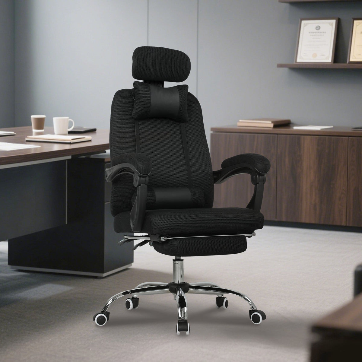 Brady Ergonomic Executive High Back Office Chair with Footrest and Lumbar Support-Black