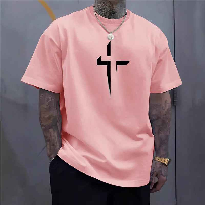 Street-style Mens Casual Loose-fit Cross-print Creative Sports Short-sleeve Top