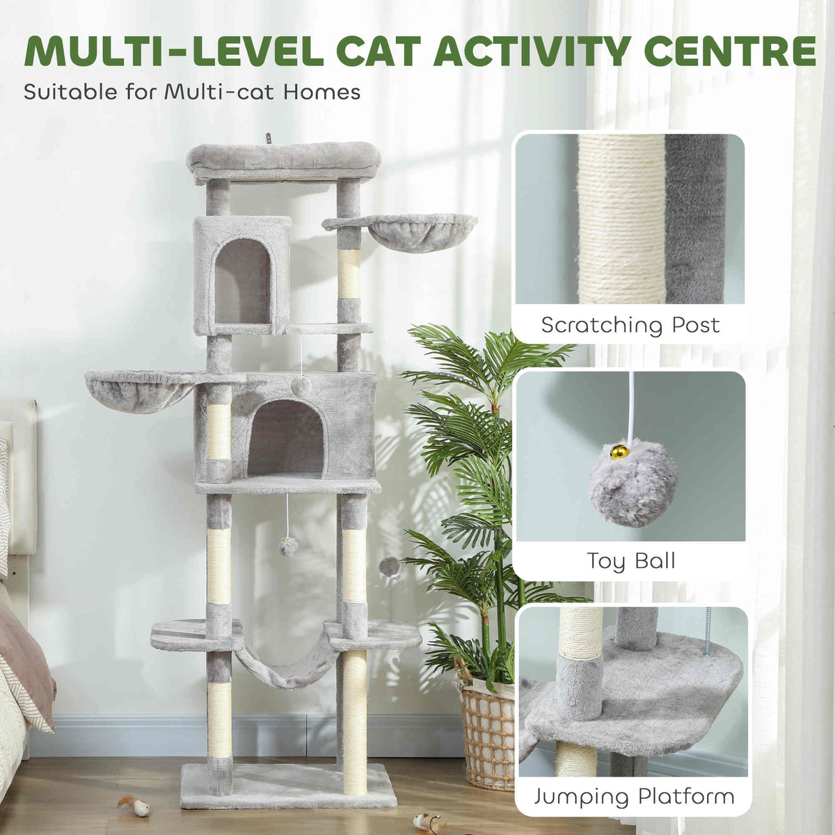 69" Cat Tree, Multi-Level Cat Tower with 2 Condos, Plush Perch and Sisal Scratching Posts, Dark Grey