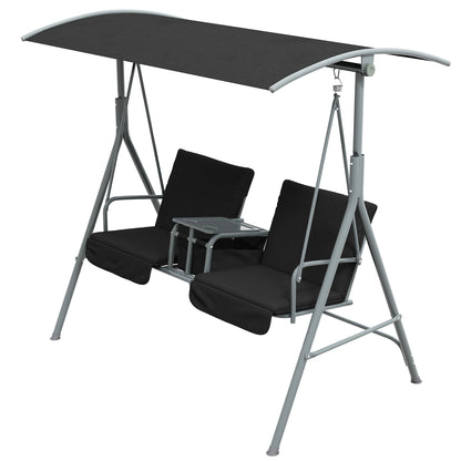 2-Seater Outdoor Porch Swing with Adjustable Canopy and Table, Patio Swing Chair for Garden, Poolside, Backyard, Black