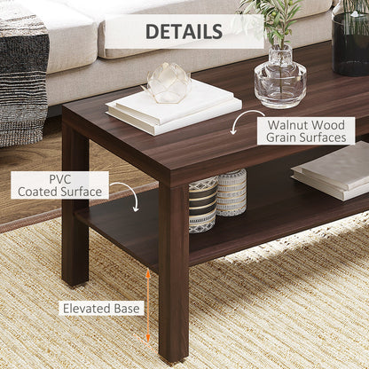 2 Tier Coffee Table with Storage Shelf, Rectangular Center Table for Living Room, Home Office Furniture Walnut