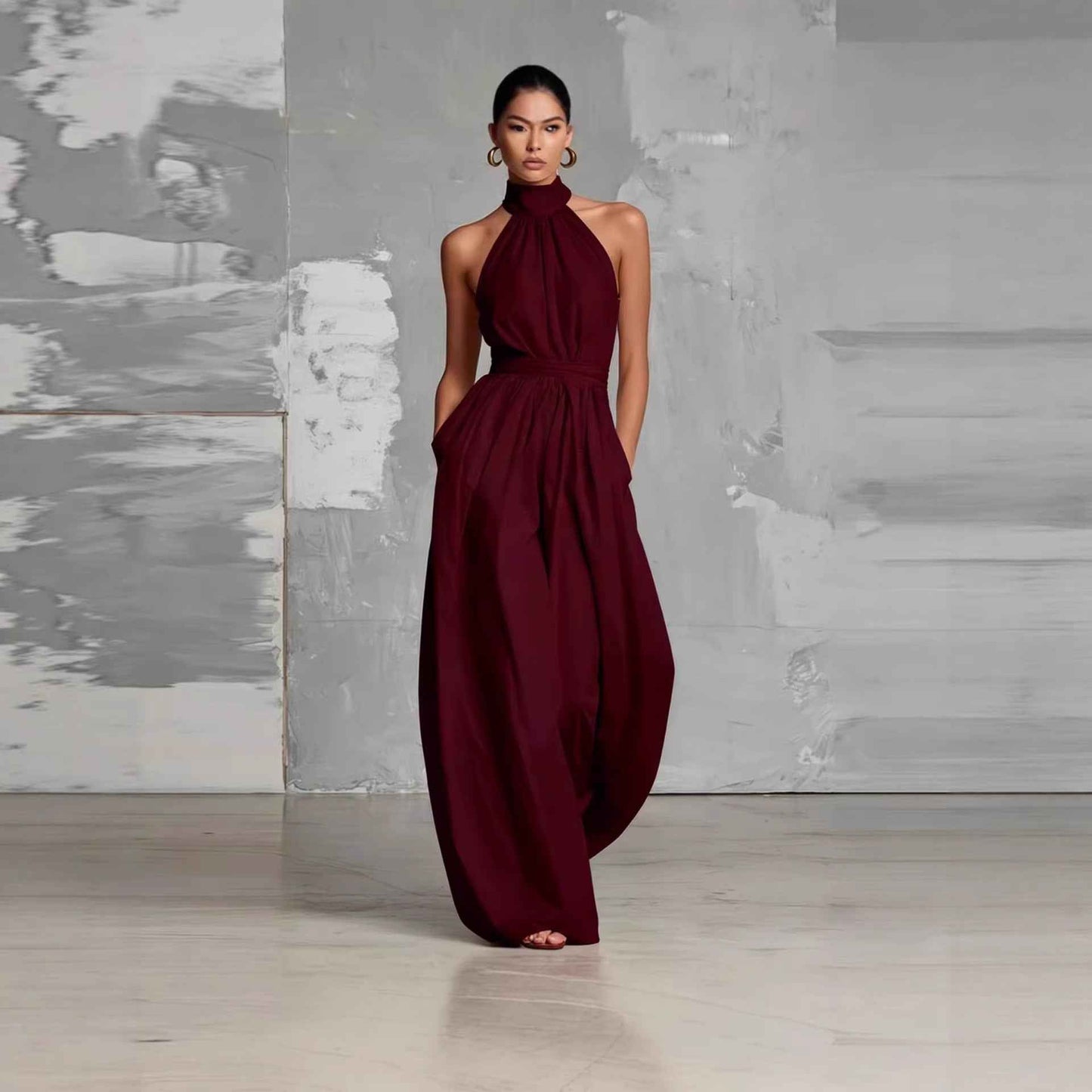 Fashionable And Elegant Belted Pleated Jumpsuit With A Cinched Waist