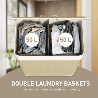 Double Laundry Basket with Lid, 100L Bamboo Laundry Hamper with Rope Handles and Removable Bags, Brown