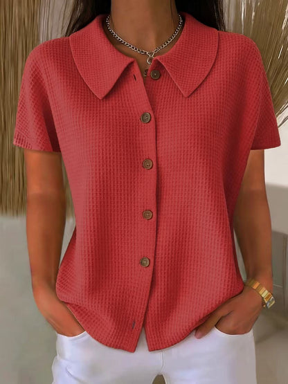 Turn-Down Collar Waffle Weave Solid Color Casual Loose Fit Short Sleeve Shirt - Women's Cotton Blend Lightweight Summer Top For Daily Wear