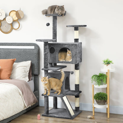 54" Cat Tree, Multi-Level Cat Tower with Scratching Posts, Cat Condos, Bed, Platforms, Ramp, Toy Ball, Beige