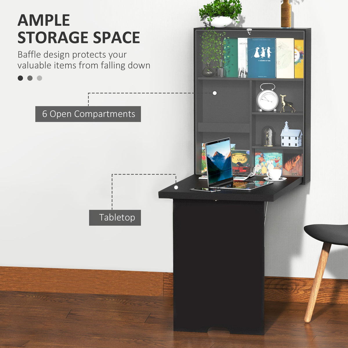 Wall Mounted Table Fold Out Convertible Desk, Multi-Functional Space Saving Computer Desk with Writing Floating Board for Students, White and Black