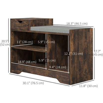 Upholstered Shoe Storage Bench, Hallway Shoe Storage with Seat, Drawer, 3 Open Shelves for Entryway, Grey