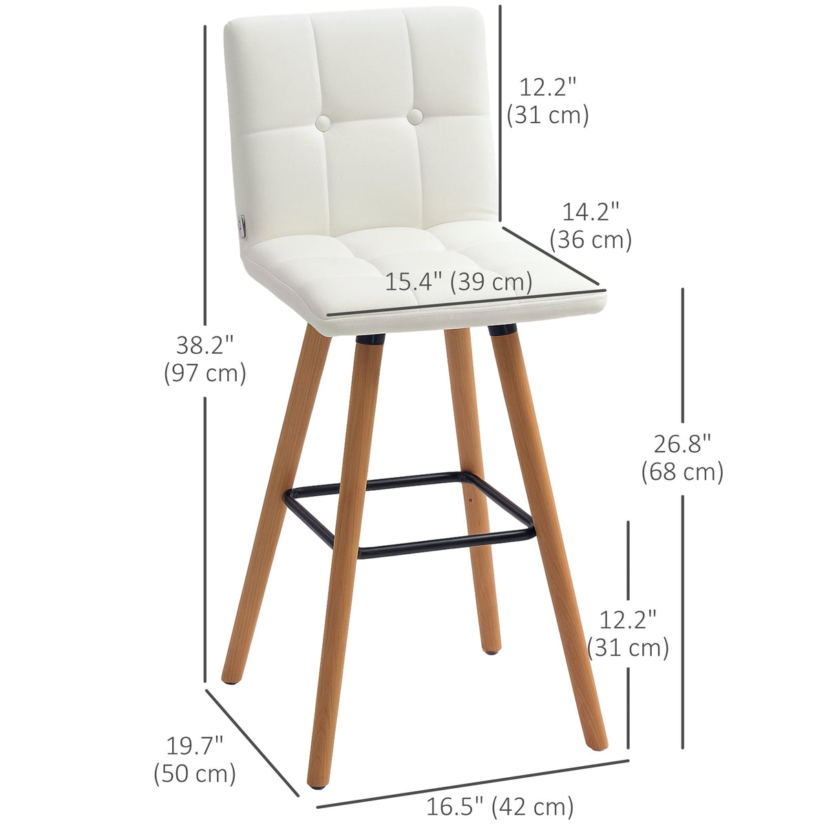 Modern Bar Stools Set of 2, 38" Upholstered Kitchen Island Stool with Solid Wood Legs, Grey