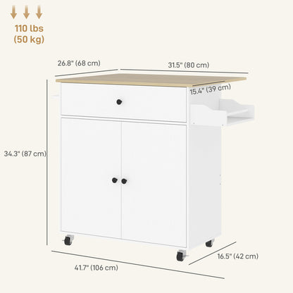 Rolling Kitchen Island with Drop Leaf, Kitchen Storage Cart with Drawer, Spice Rack and Towel Rack, White