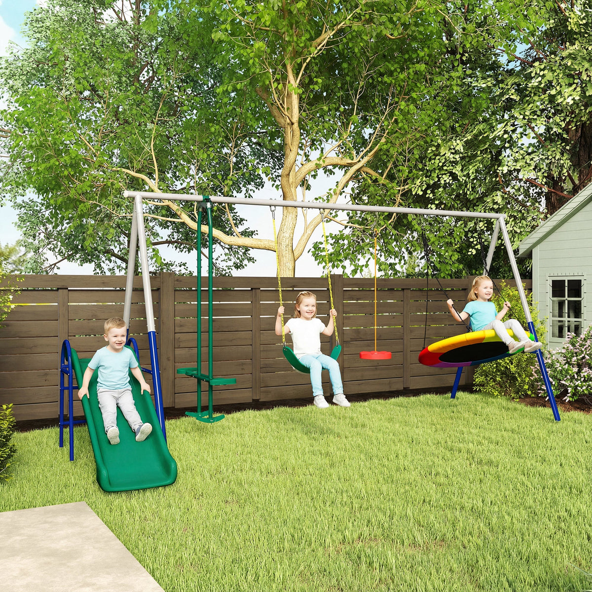 5-in-1 Kids Swing Set with Slide, Swings and Glider for Backyard, 770lbs Capacity, for Ages 3-8, Multicolour
