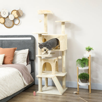 54" Cat Tree, Multi-Level Cat Tower with Scratching Posts, Cat Condos, Bed, Platforms, Ramp, Toy Ball, Beige