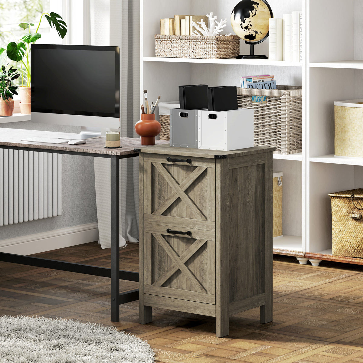 Vertical Filing Cabinet with 2 Drawers, Rustic Farmhouse Office Storage Cabinet for A4, Letter Size, Distressed Black