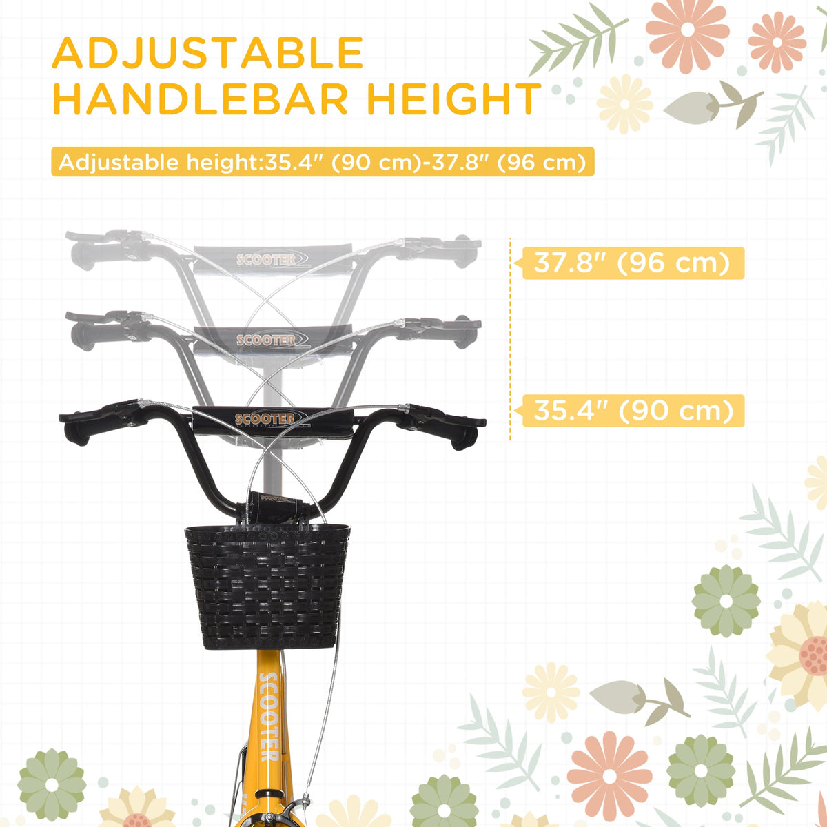 Kick Scooter with Adjustable Handlebar, Kids Scooter with 2 Brakes Basket Cupholder 16" Inflatable Rubber Tyres Orange