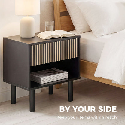 Modern Bedside Table with Drawer and Open Shelf, Sofa Side Table for Bedroom Living Room, Black