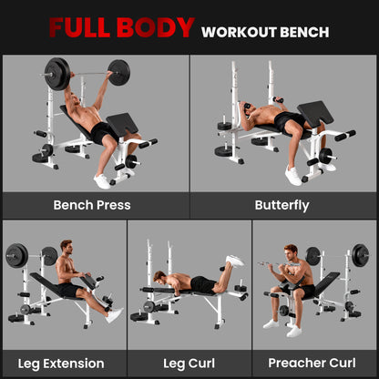 Bench Press Set Adjustable Weight Bench with Squat Rack, Preacher Curl Pad, Leg Developer and Weight Storage, White