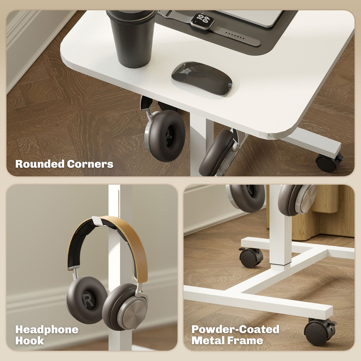 Height Adjustable Standing Desk, Pneumatic Sit Stand Desk with Wheels and Headphone Hook, Grey Wood Grain