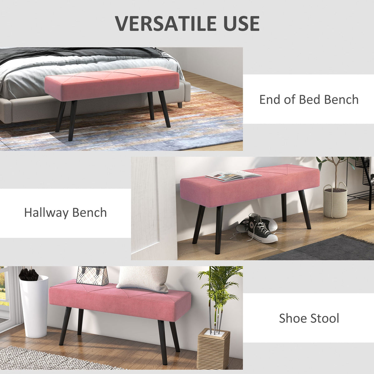 39 Inches Upholstered Bedroom Bench, Modern End of Bed Bench with Steel Legs, Cream White