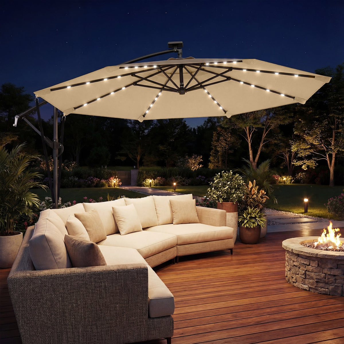 9.7ft Solar LED Cantilever Patio Umbrella with 32 LED Lights, Cross Base, Crank Handle, for Poolside, Deck, Dark Blue