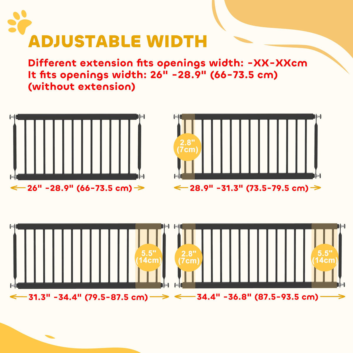 26"-37" Dog Gate, Adjustable Pet Gate, Fits 10" Tall with 2 Extension, Pressure Mount Kit for Stairs and Doorways, Black