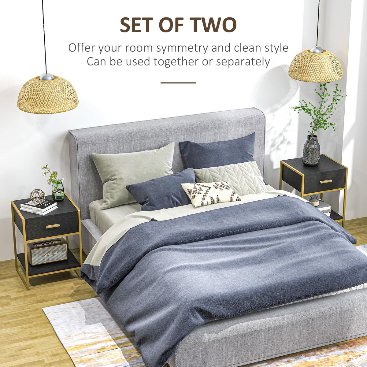 Nightstand Set of 2, Modern Bedside Table with Drawer and Shelf, Bedside Cabinets for Bedroom, White