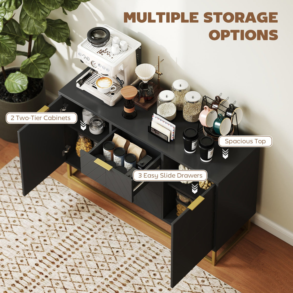 47" Storage Cabinet with Doors, Adjustable Shelves, 3 Drawers, Metal Legs for Kitchen Storage, Home Use, White