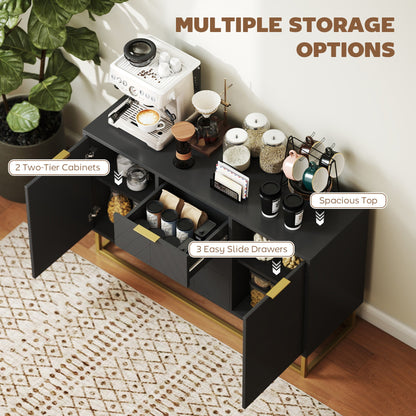 47" Storage Cabinet with Doors, Adjustable Shelves, 3 Drawers, Metal Legs for Kitchen Storage, Home Use, White