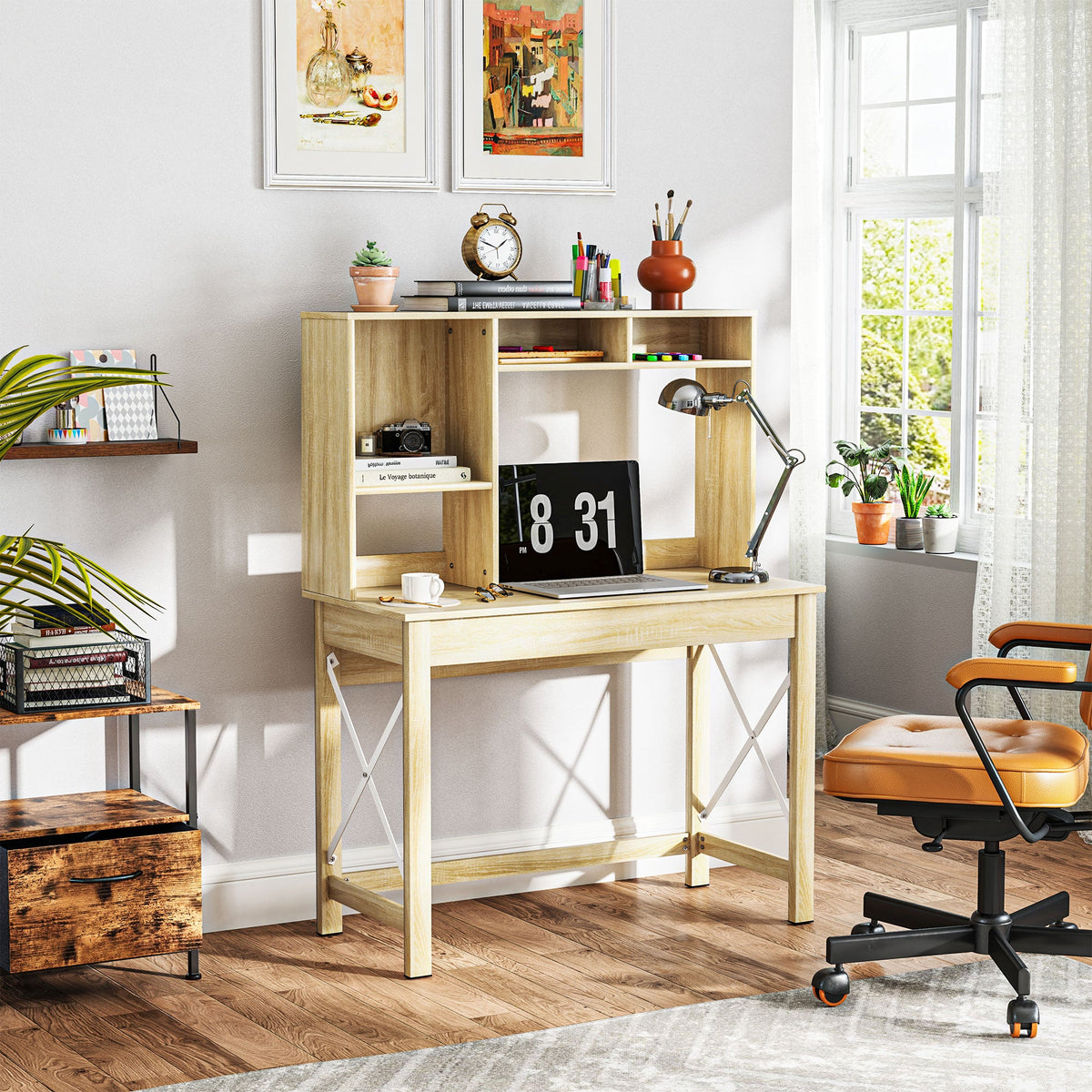 Computer Desk with Hutch, Home Office Table with Storage Shelves and Open Compartments for Writing, Work, Brown