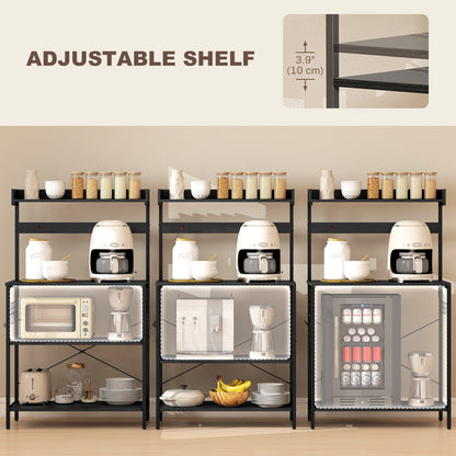 Kitchen Baker's Rack with Power Outlet, Coffee Bar Station with Adjustable Shelves and Hooks, Distressed Grey
