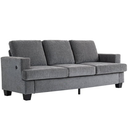 3 Seater Sofa with USB Ports & Cup Holders, Chenille-Feel Upholstered Couch for Living Room, Grey