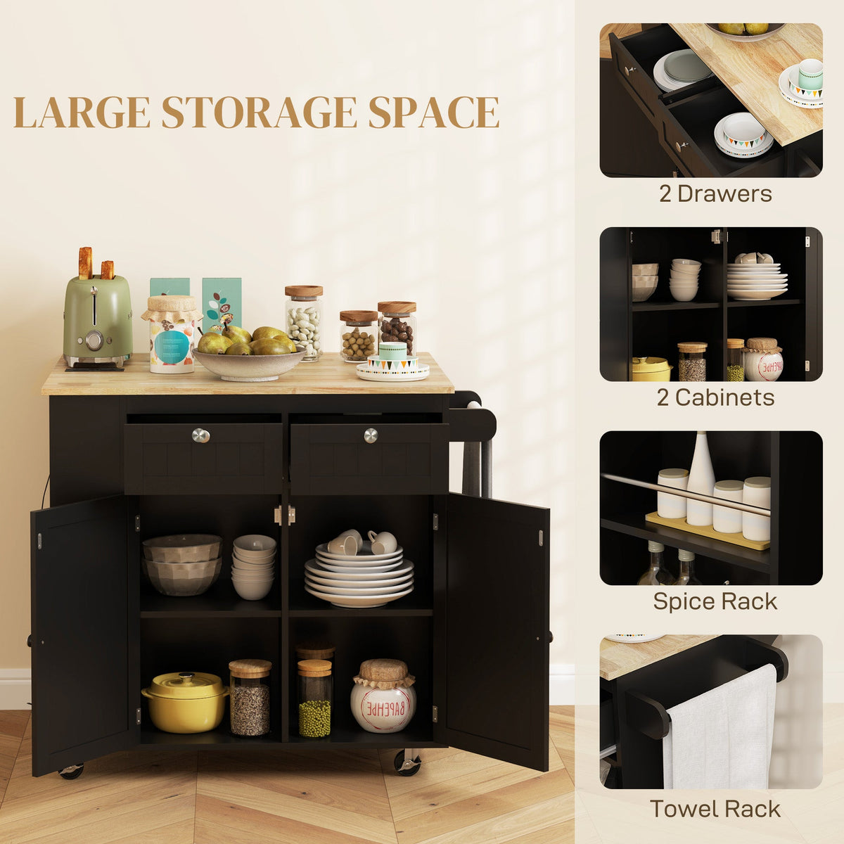 Kitchen Island with Power Outlet and Drop Leaf, Rolling Kitchen Cart with 2 Drawers and Adjustable Shelves, Black