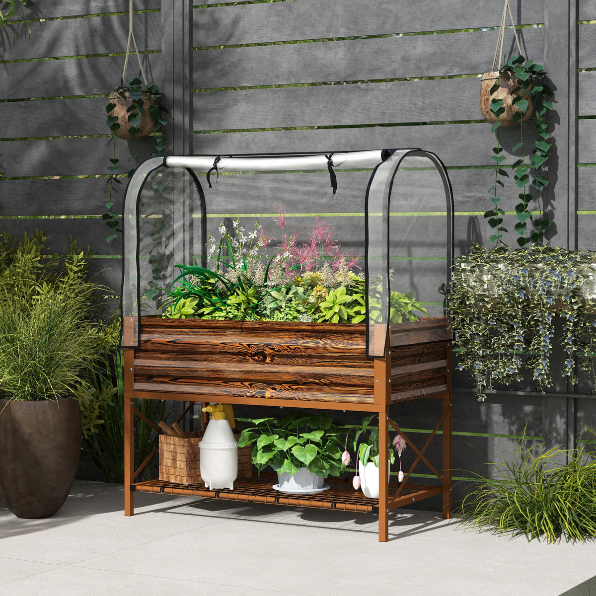 Raised Garden Bed with Cover, Metal Elevated Planter Box with Bottom Shelf and Liner, Black