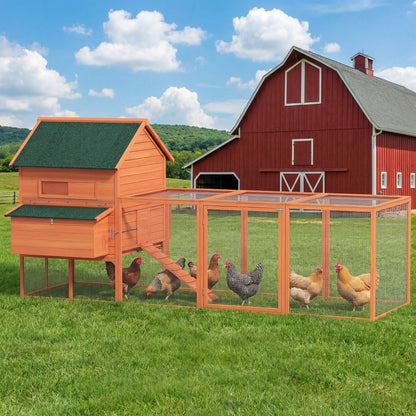 137" Wooden Chicken Coop with Chicken Run, Nesting Box, Dark Grey