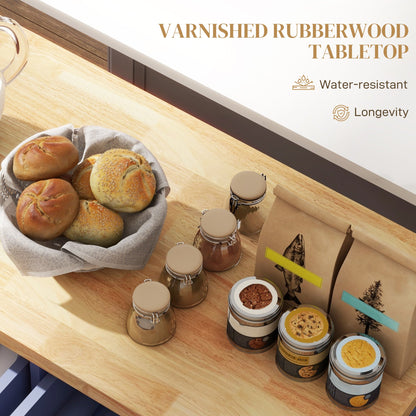 Kitchen Island with Storage, Rolling Trolley Cart with Rubber Wood Top, Spice Rack, Towel Rack, Brown Oak