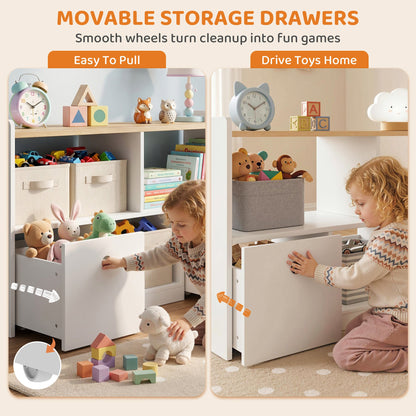 Toy Storage Organizer, Toy Organizers and Storage with 2 Movable Drawers and 3 Cubbies for Playroom, Nursery, White