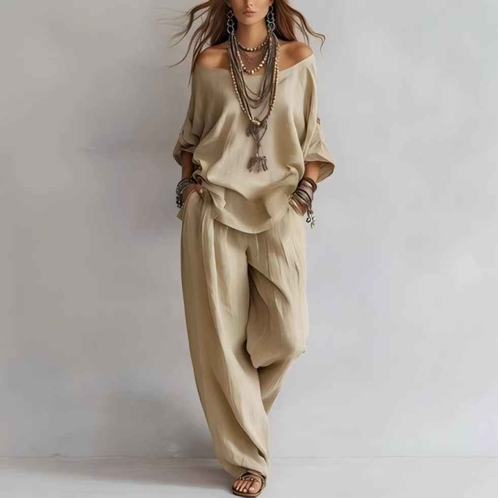 Off-shouder Suits Fashion Three-quarter Sleeves Top And Loose Pockets Wide-Leg Pants Set Women's Clothing