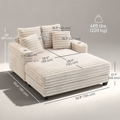 60" Chaise Lounge Chair, Oversized Upholstered Sofa Bed with Cup Holders & Pillows, Sleeper Couch for Living Room, Beige