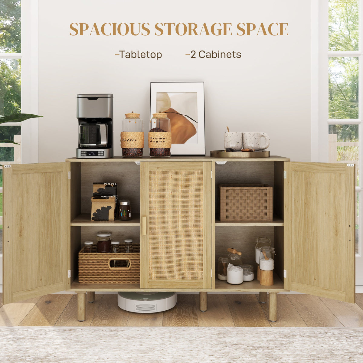 Quinn Bohemian 46.9" Hallway Cabinet/Sideboard with 3 Rattan Doors-Oak