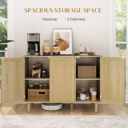 Quinn Bohemian 46.9" Hallway Cabinet/Sideboard with 3 Rattan Doors-Oak