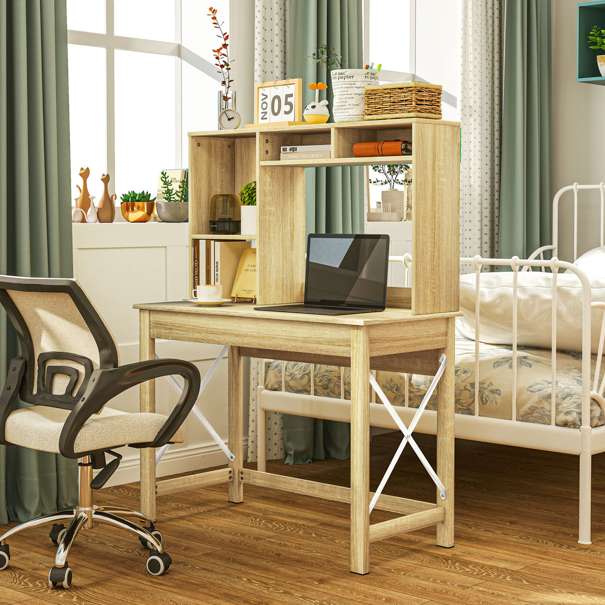 Sloan Computer Desk with Hutch and Storage Shelves-Oak