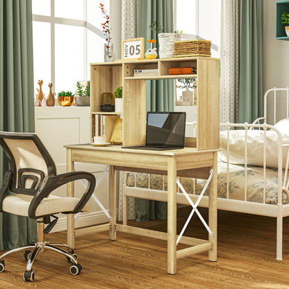 Computer Desk with Hutch, Home Office Table with Storage Shelves and Open Compartments for Writing, Work, Brown