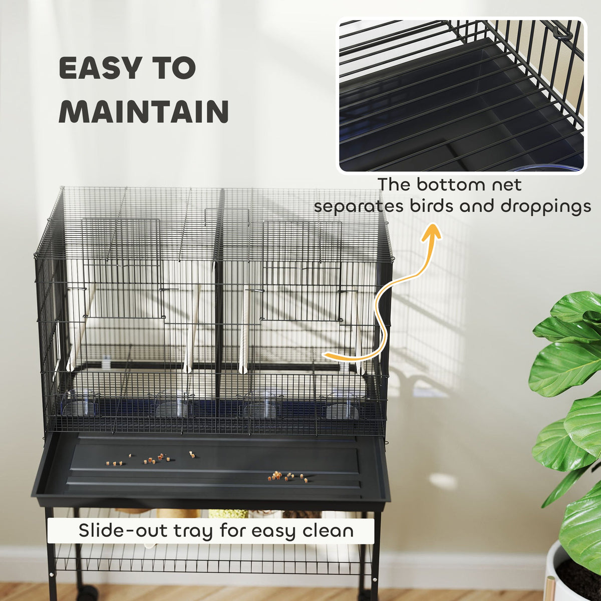 18" H Bird Cage, Large Parakeet Cage for Budgie, Lovebird, Canary, Finches with Divider, Black