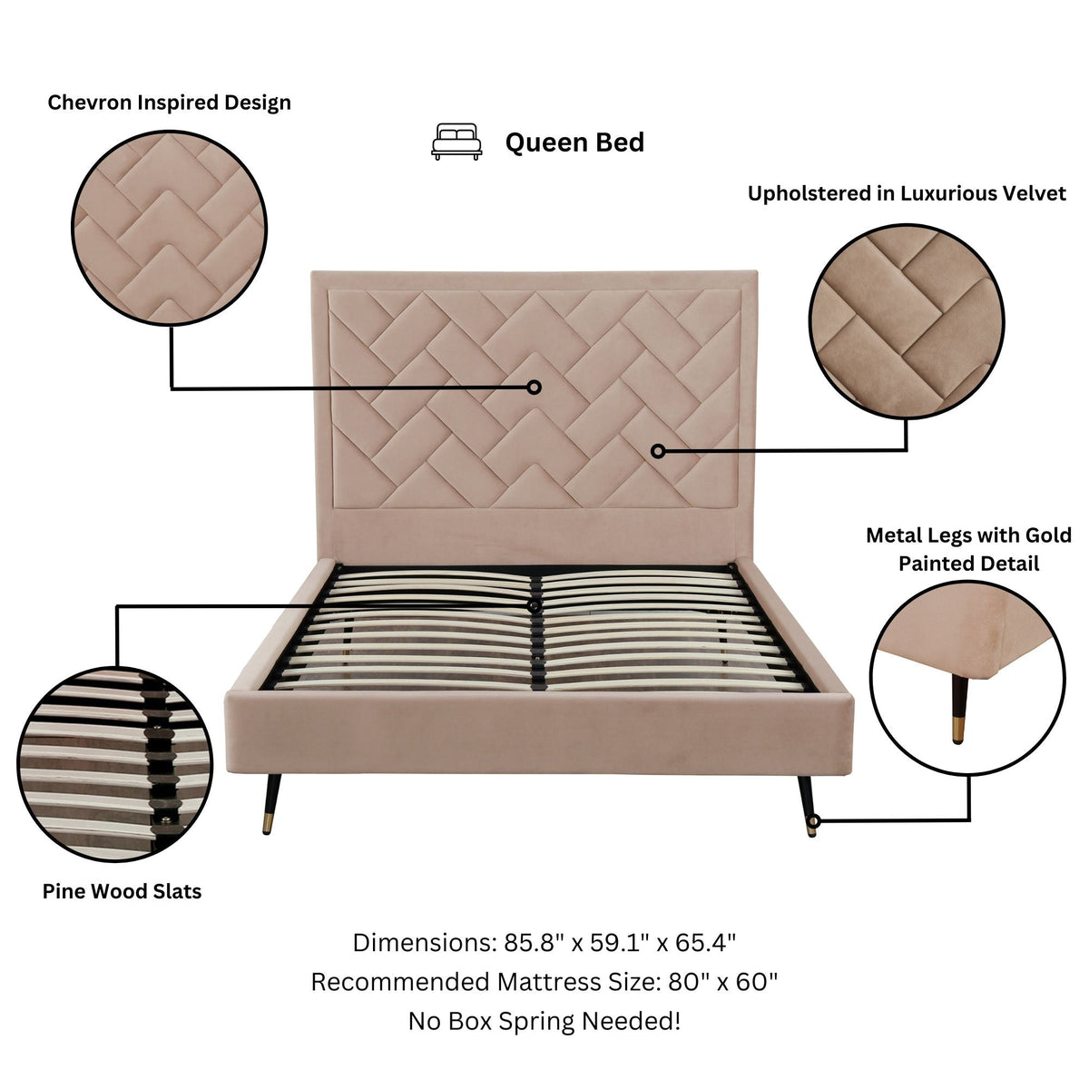 Gallagher Upholstered Velvet Platform Queen Bed - Nude Beige