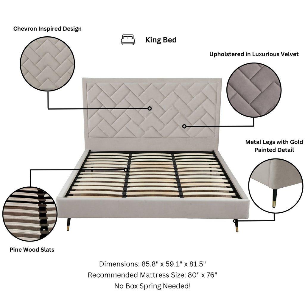 Gallagher Upholstered Velvet Platform Bed - Greige