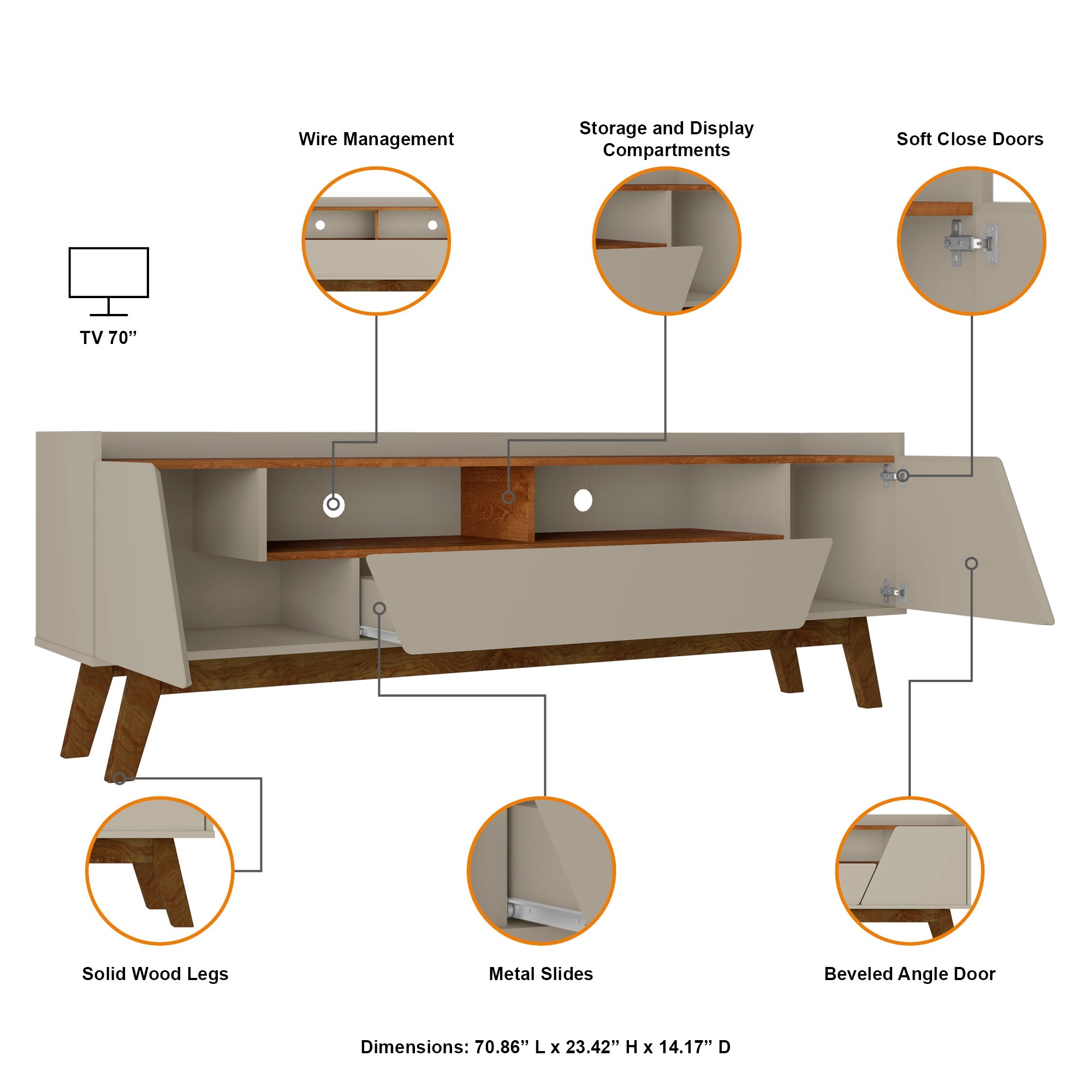 Malmo Modern 70.8" TV Stand with 2 Drawers - Beige/Brown