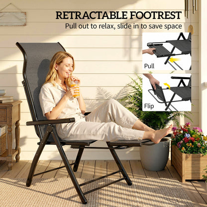 Folding Patio Chairs Set of 2, 5-Position Outdoor Lounge Chairs with High Back, Retractable Footrest, Black