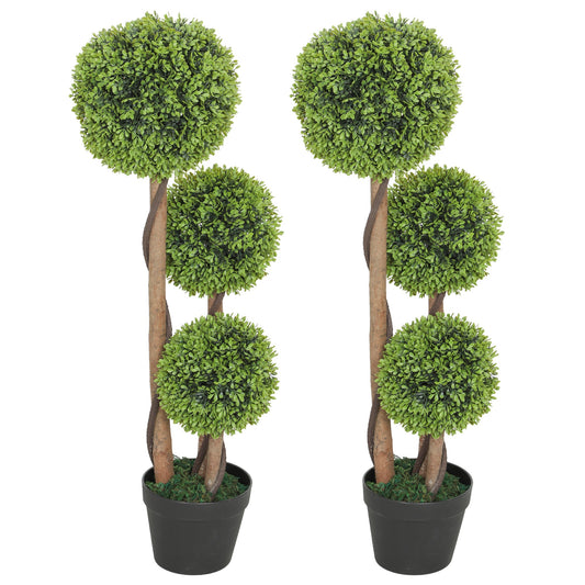 35 Inch 2 Pack Potted Fake Plant, Artificial Boxwood Topiary Trees, Triple Ball Tree for Indoor and Outdoor, Light Green